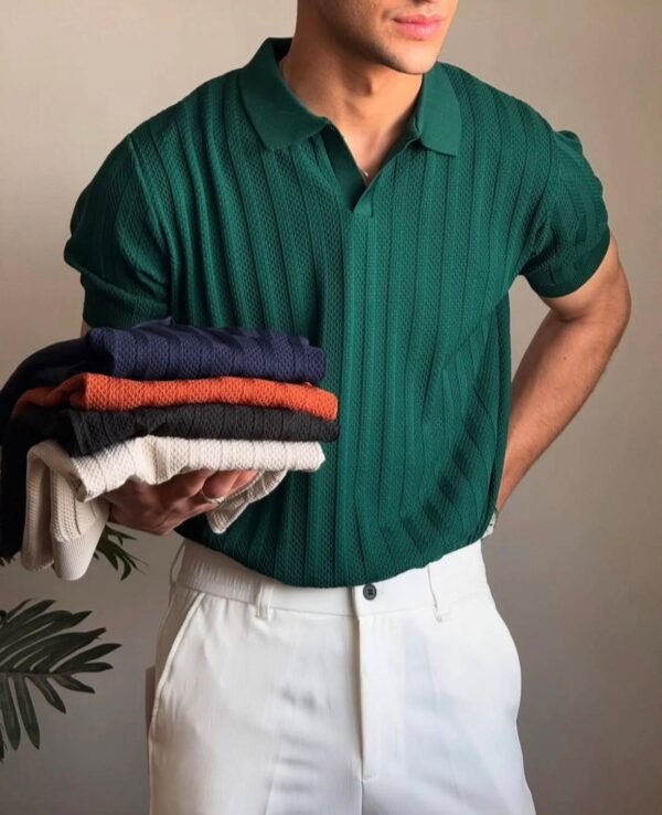 Green Trico linen shirt with short sleeves, styled with white pants